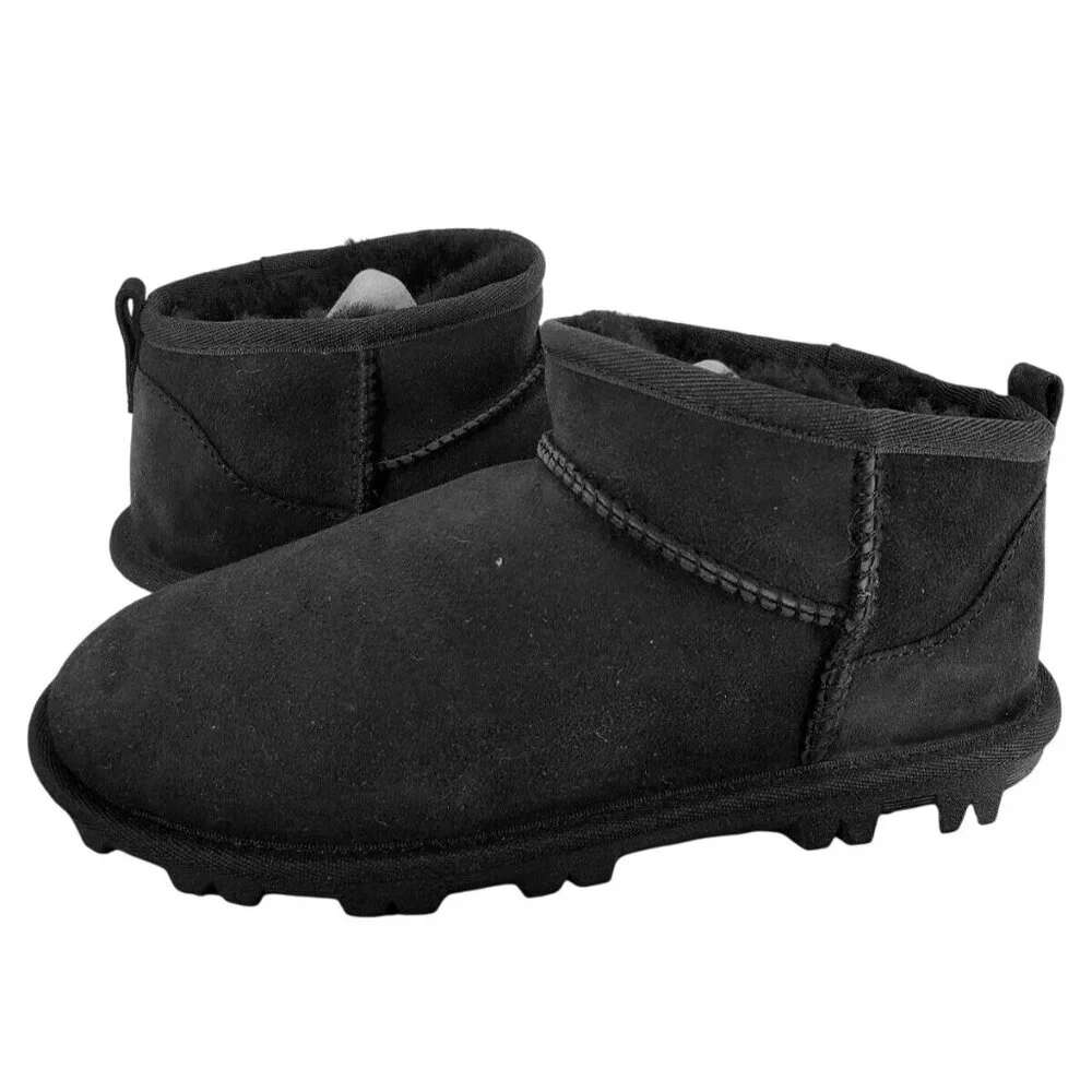 KS Fur Girls 4 Mini Ankle Boots Shearling Sheepskin Suede Slip-on Winter Shoe